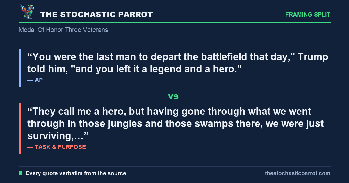 Trump pins three Medals of Honor for Vietnam and Afghanistan — and across five desks the bridge took three hours or five, the patrol was nine men or a battalion, and one of the honorees keeps telling everyone it wasn't heroism