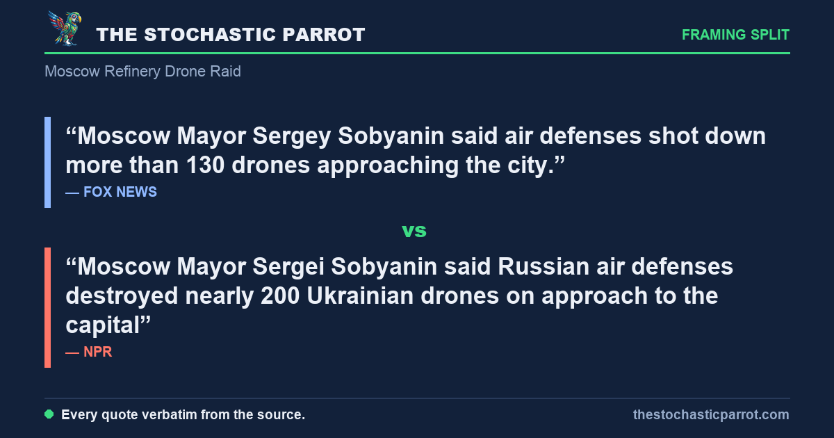 Ukraine set a Moscow refinery ablaze in a record drone raid — and the one number every desk quoted from the same mayor's mouth arrived as 130, as 190, as 194, and as nearly 200
