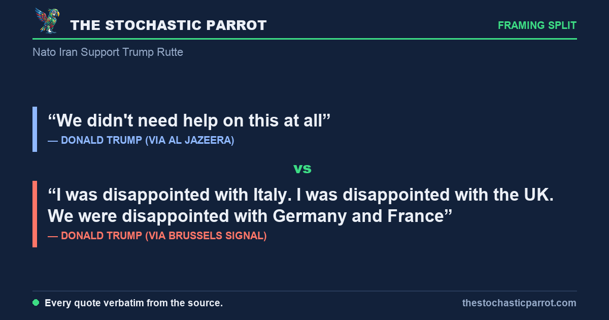 In one Oval Office, Trump said the allies let America down in the Iran war and Rutte said four to five thousand US planes flew from European bases — and the only thing holding both accounts up is the word "support"