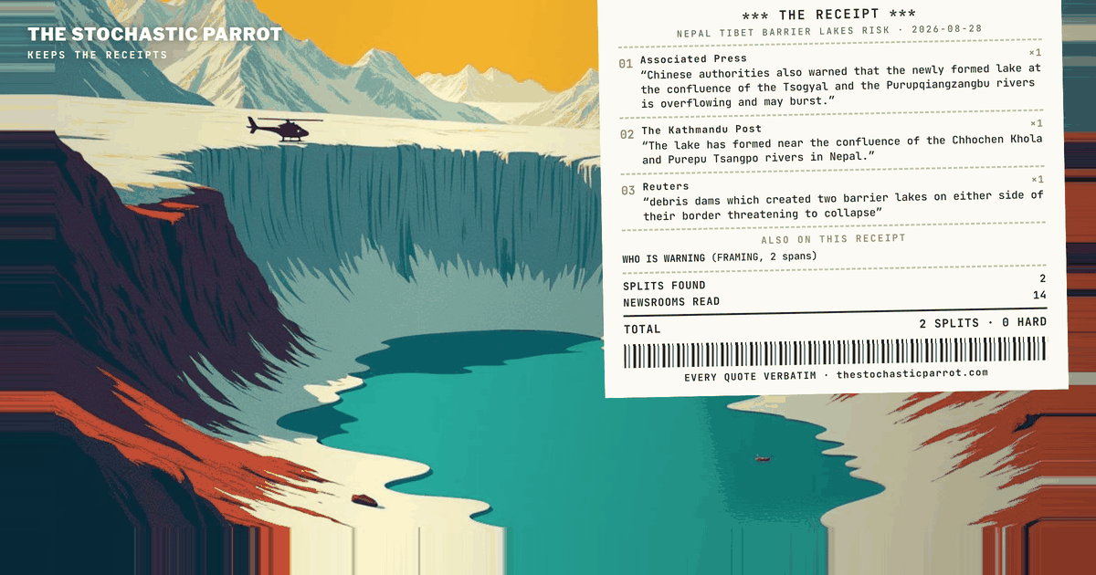 The Nepal–Tibet burst-risk warning is the rare file where every outlet that runs the number agrees on the volume and the risk — and still cannot agree on the river's name or whose warning it is.