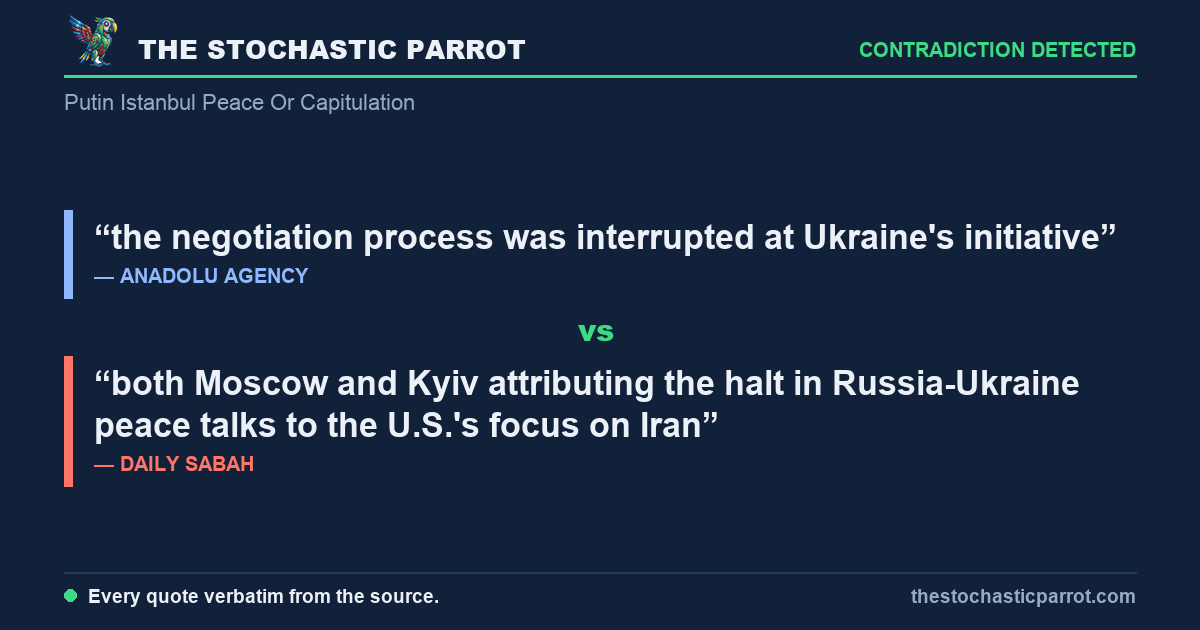 Putin says Russia is ready for peace talks "on the basis of the Istanbul agreements" — and the wires can't agree whether that is an opening or a surrender, nor whether his army is advancing