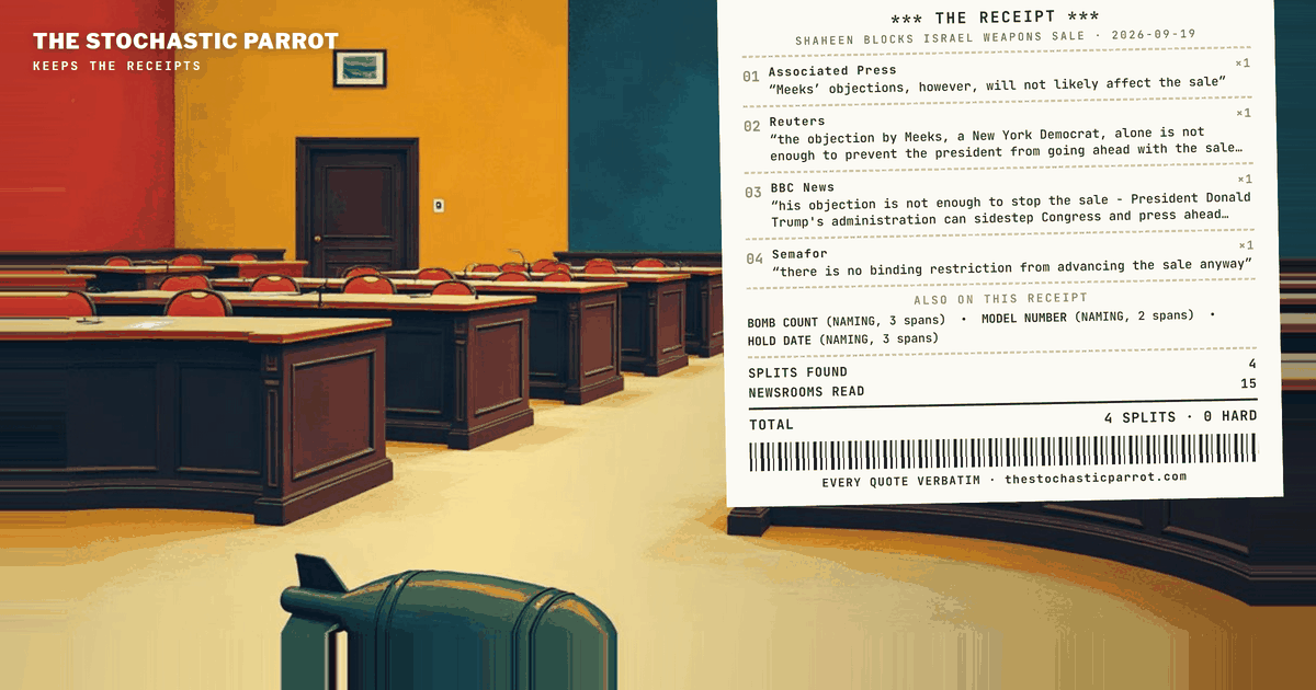 By the time Semafor published Friday afternoon, Jeanne Shaheen had been holding this sale since July — a fact the Senate's newest story carried to two outlets before the freeze landed, while the House hold and the sale itself traveled the whole field