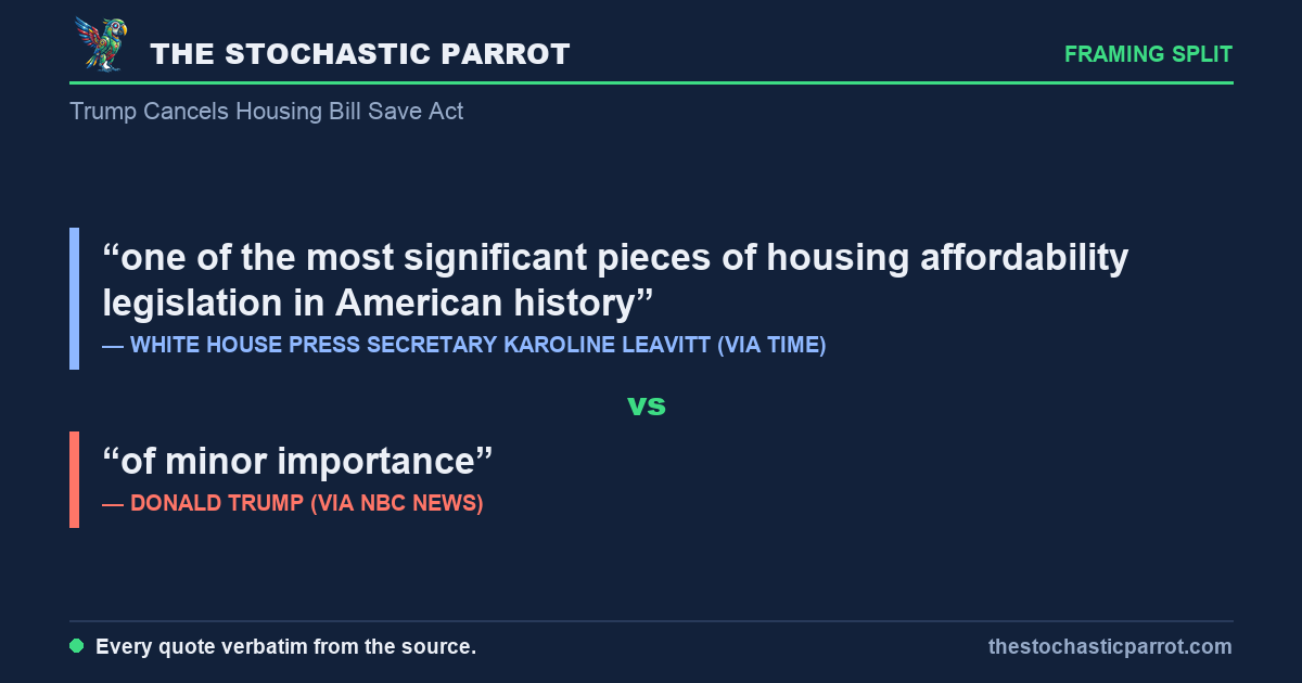 Trump cancels the signing of a bipartisan housing bill an hour before the ceremony, holding it for an unrelated voter law — and the desks can't agree whether the bill is historic or "of minor importance," or whether "canceled" even means it won't become law