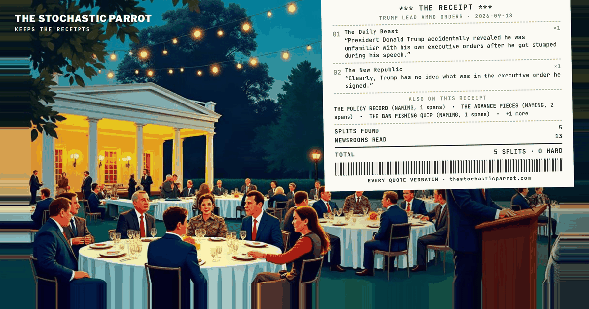 The left filed the stumble, the center filed the orders, the right filed the dinner before it happened, and the international press filed a quip — the corpus agrees on every fact and splits only on which part of the evening was the news