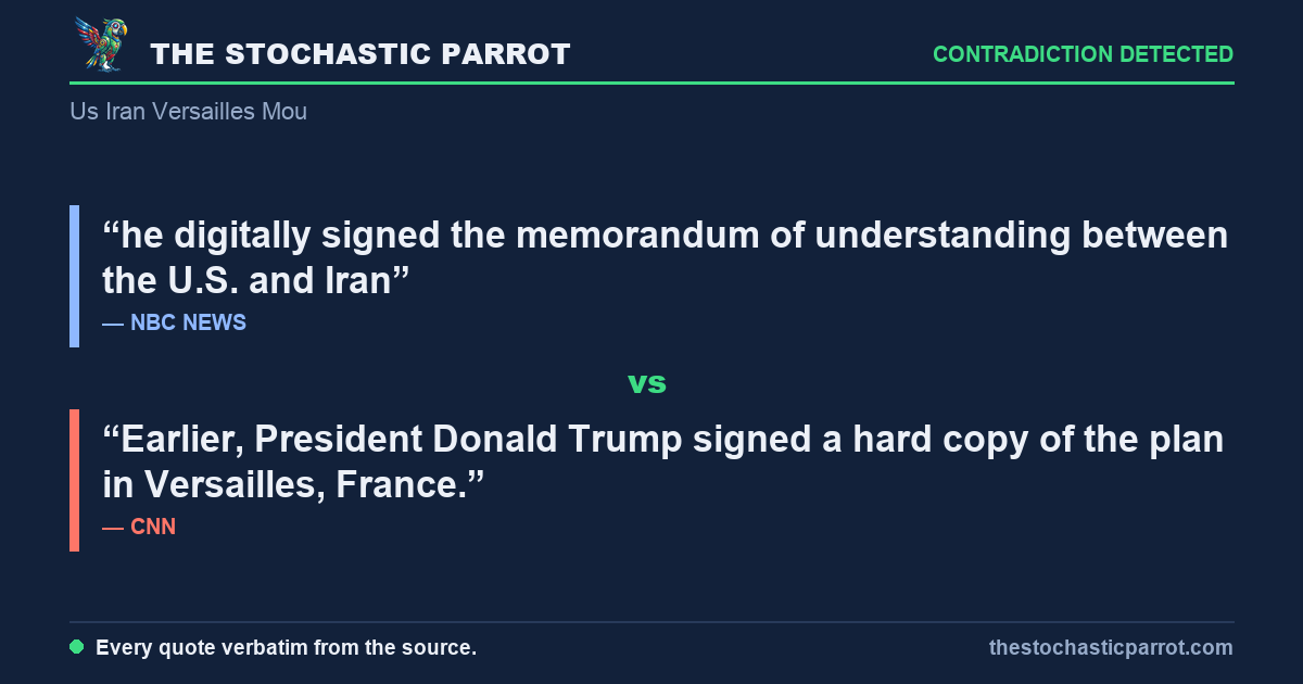 Trump and Iran signed a memorandum at Versailles — and the outlets can't agree whether it was signed by finger or by pen, this week or last, or whether the $300 billion fund it names is real