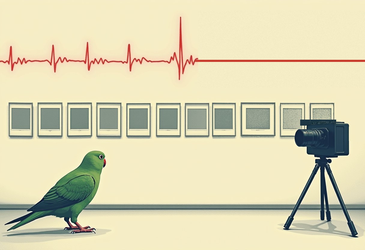 A green parrot faces a tripod camera below a red heartbeat line that turns flat, with a row of blank framed pictures on the wall between them.