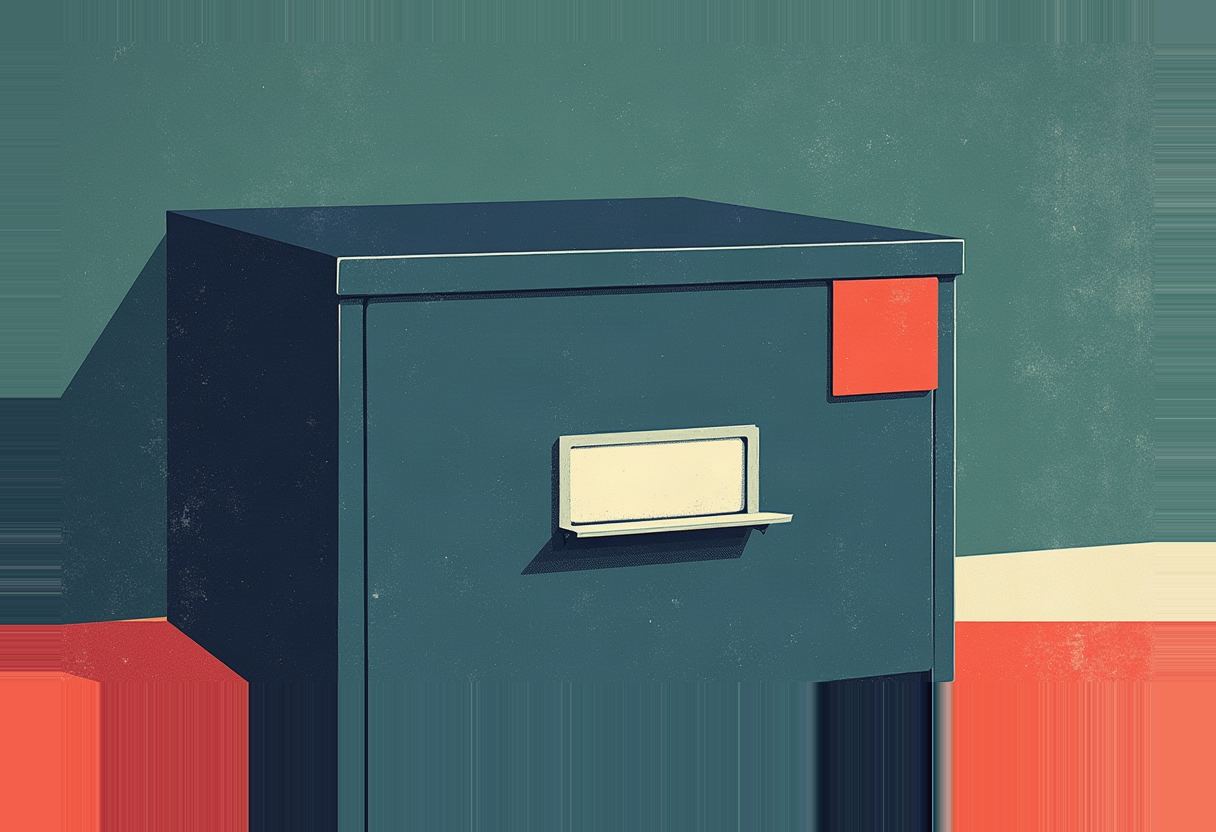 A dark teal filing cabinet with a blank cream label on its drawer and a red square in the corner, set against a teal and cream background with red at the bottom edges.