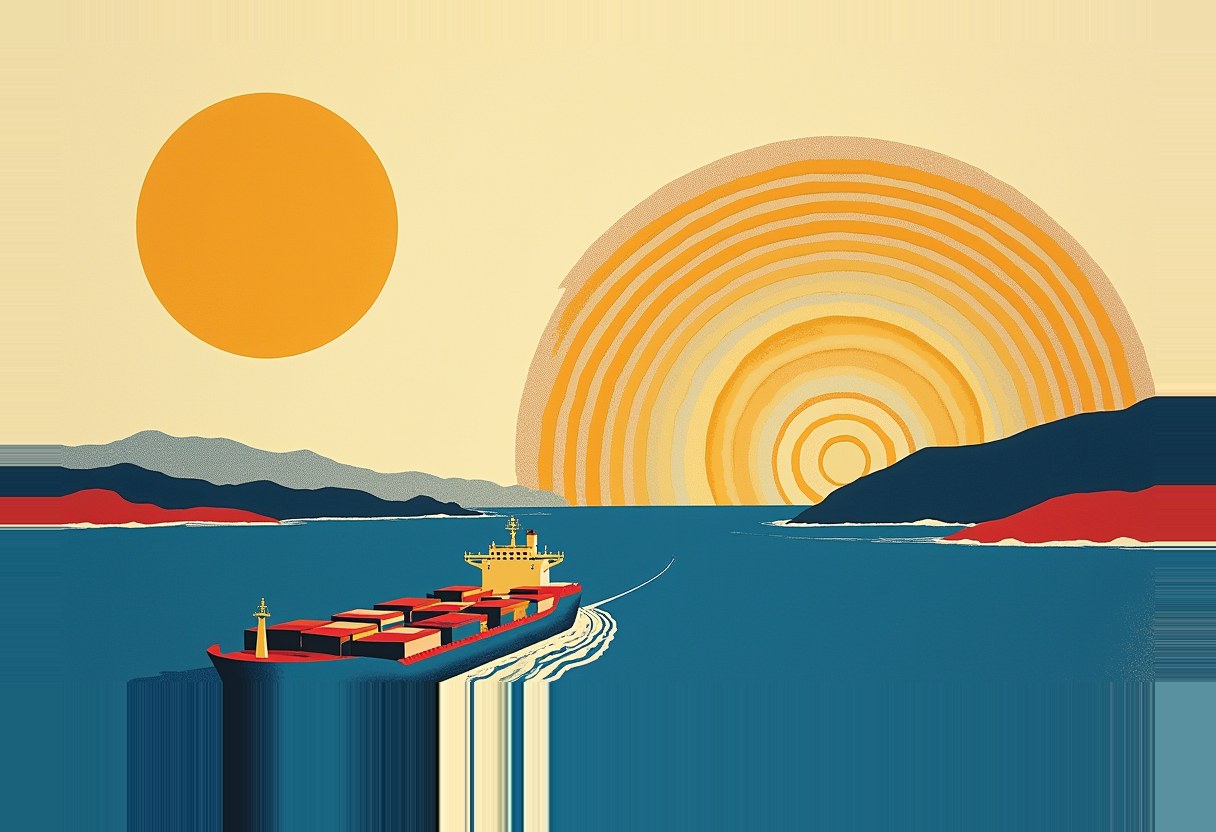 A red-hulled container ship sails through a strait between dark blue headlands, beneath a solid orange sun and a larger concentric-ringed sun-burst pattern in the sky.