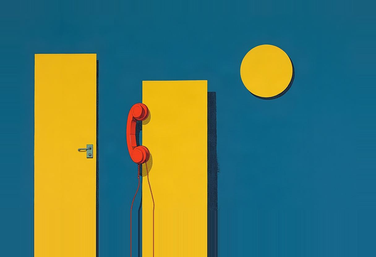 Two yellow doors and a yellow circle on a teal wall, with a red telephone handset and cord hanging over the edge of the second door.