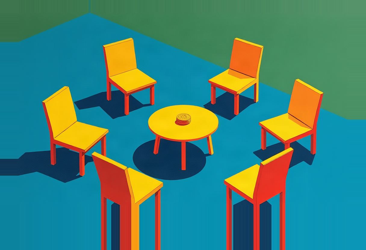 Six empty yellow and orange chairs of varying heights circle a small round yellow table with a coin-like stack on top, on a blue floor with a green backdrop.