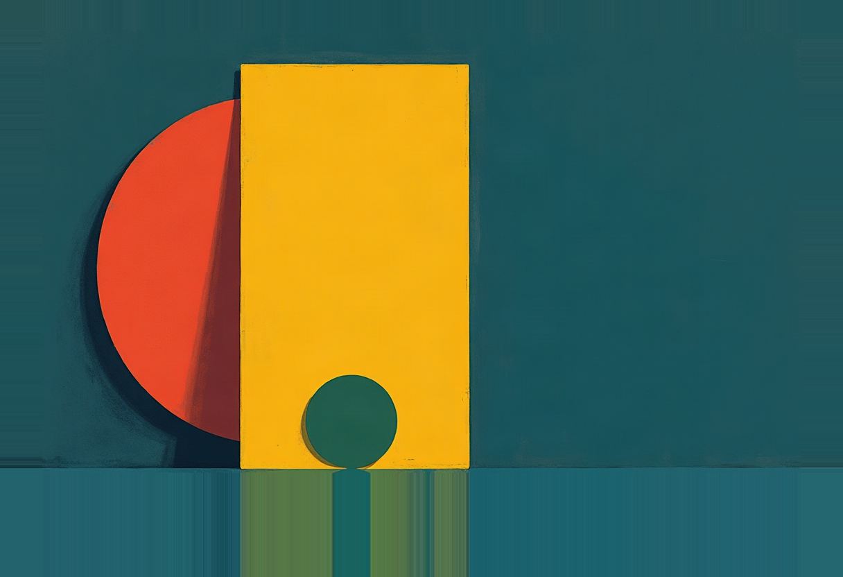 A red circle, yellow rectangle, and small teal circle stand against a dark teal background, reflected faintly on a lighter teal surface below.