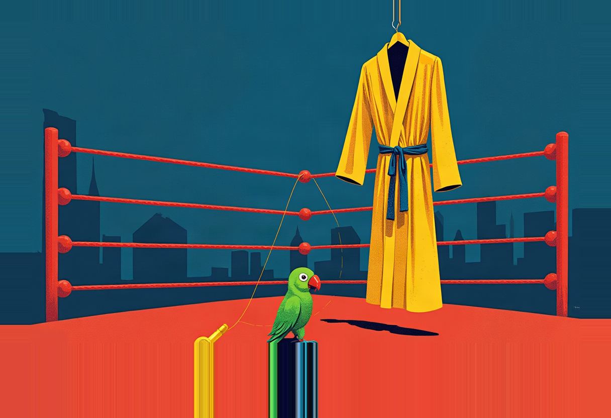 Illustration of an empty boxing ring with a yellow robe on a hanger above the ropes and a green parrot perched on a corner post beside a city skyline silhouette.