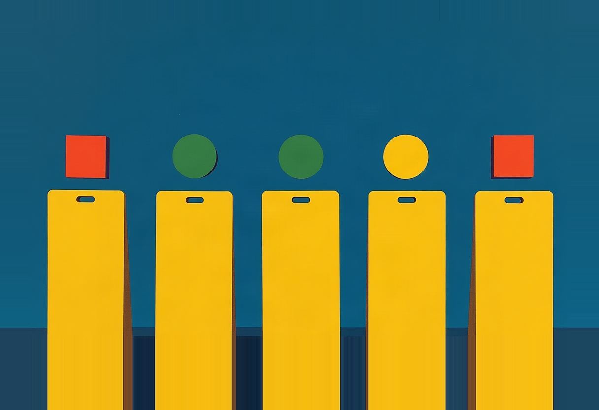 Five tall yellow rectangular posts against a dark teal background, each topped with a shape: an orange square, a green circle, a green circle, a yellow circle, and an orange square.