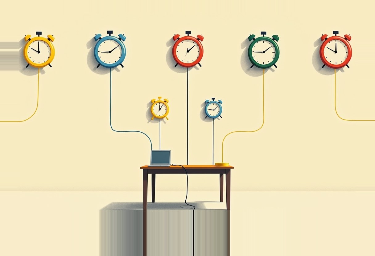 Editorial illustration of one small desk machine wired to seven wall clocks, each reading a different time
