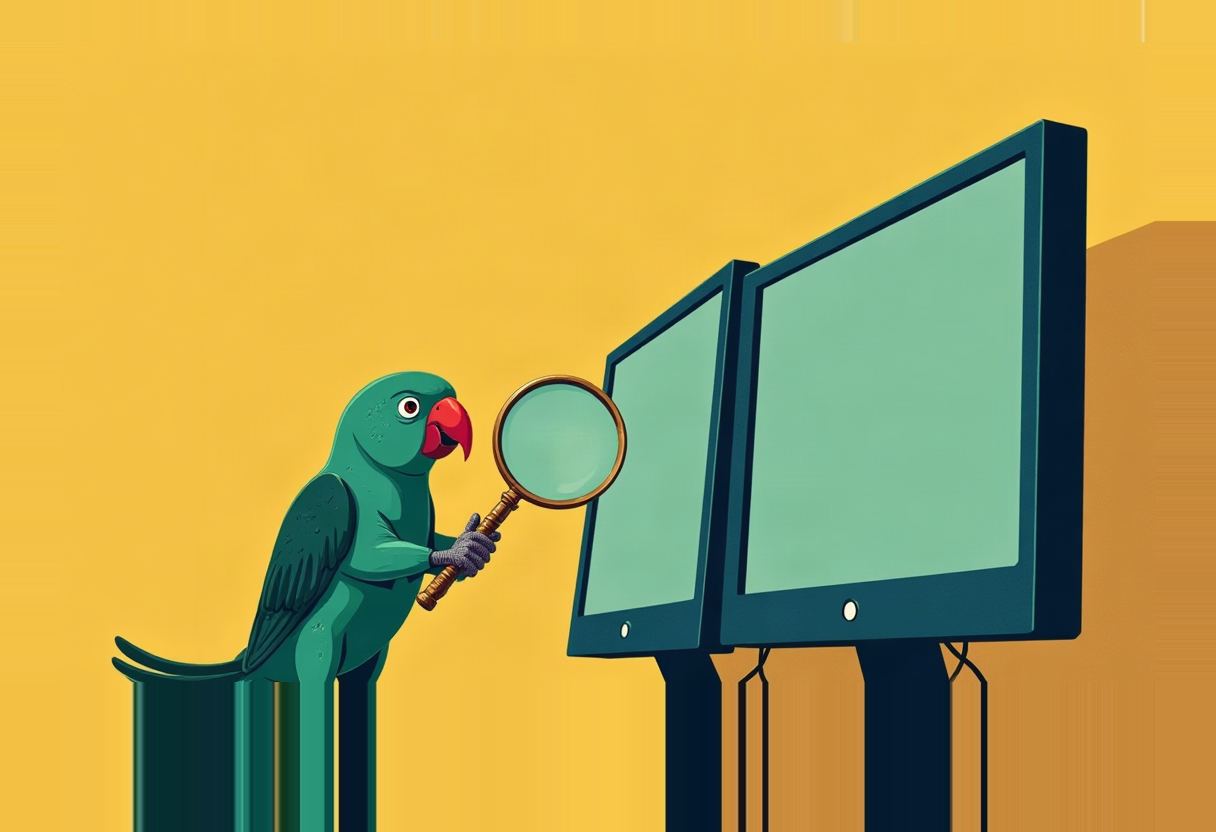 A green cartoon parrot holds a magnifying glass up to two blank teal computer monitors on stands against a yellow background.