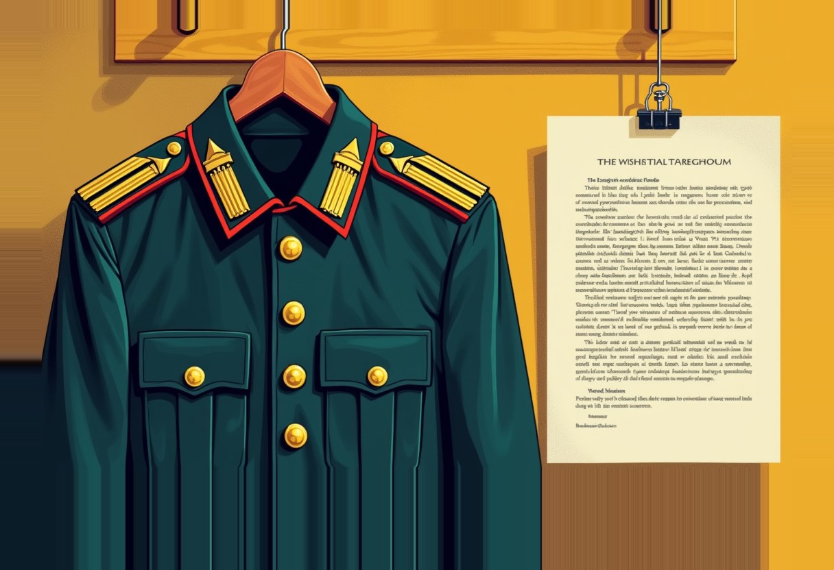 A dark green military dress uniform with gold epaulettes and buttons hangs on a wooden hanger beside a clipped document with illegible text, against a mustard-yellow wall.