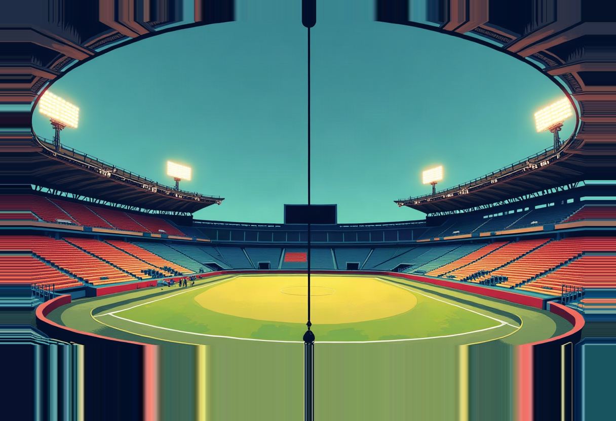 A stylized stadium bowl with orange and teal seating curves symmetrically around a green and yellow field, split by a thin black vertical pole, under stadium floodlights.