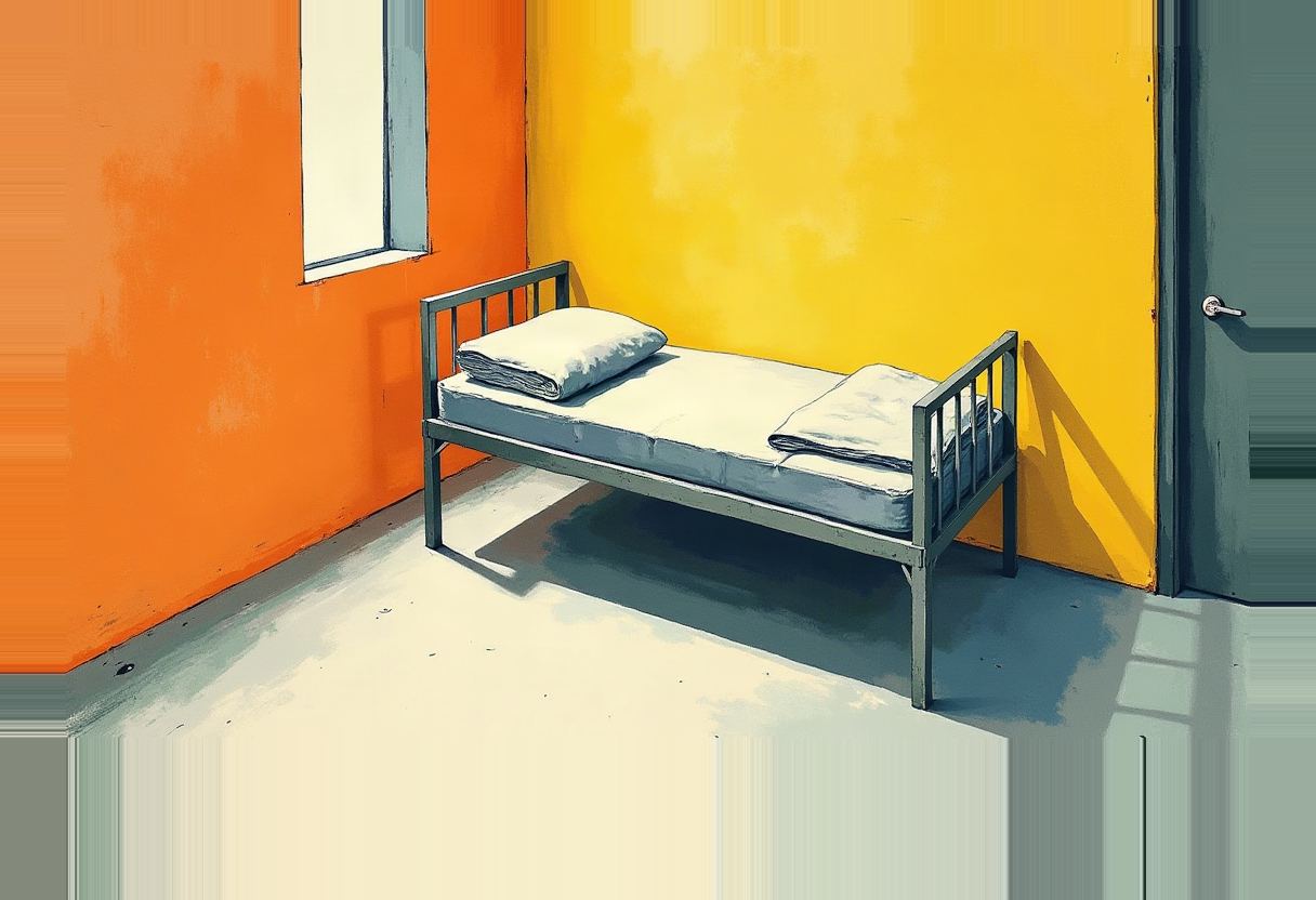 An empty metal bed frame with a thin mattress, pillow and folded blanket sits in a bare corner room with an orange wall, a yellow wall, a narrow window and a closed door.