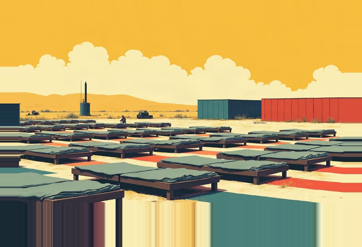 Rows of wooden cots with teal mattresses stand on sand striped orange and beige, flanked by teal and red shipping containers and a thin radio tower under a mustard-yellow sky with pale clouds.