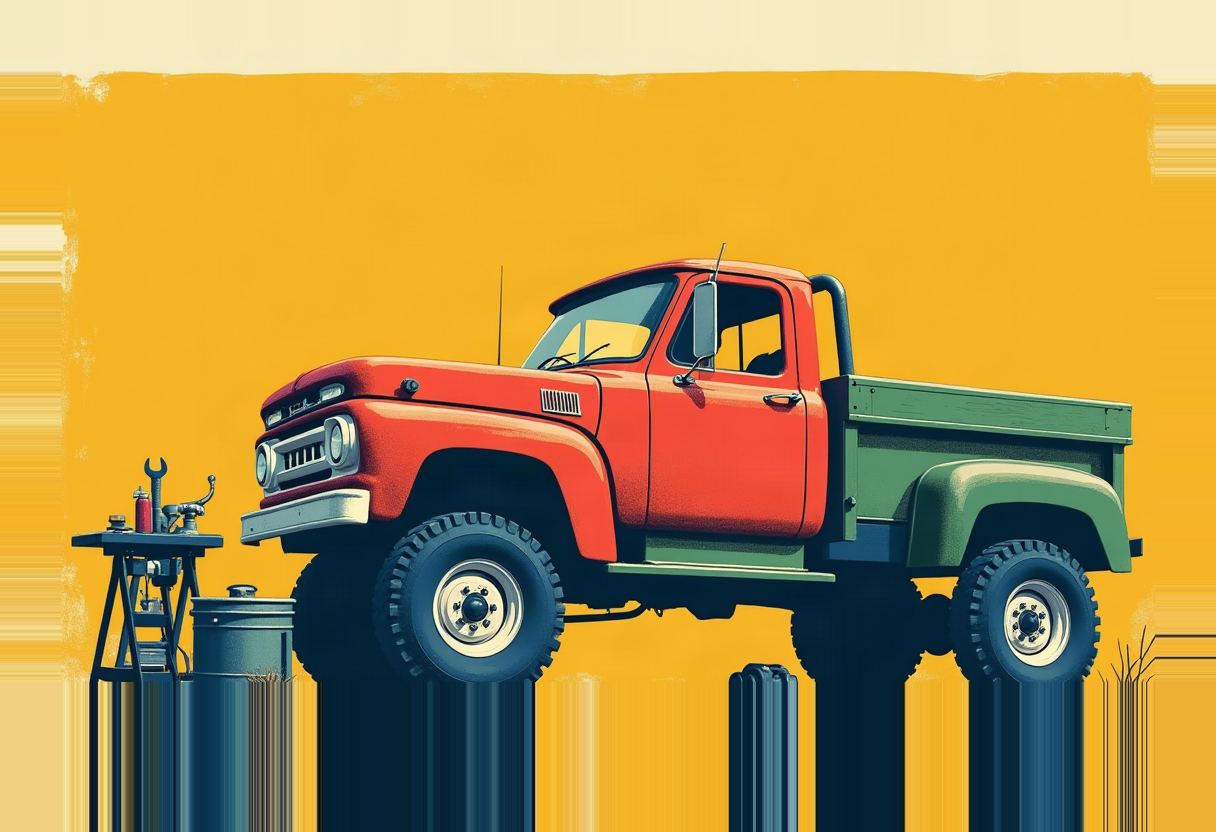 A vintage red pickup truck with a green cargo bed sits raised on tall dark jack stands beside a small workbench with tools, against a flat yellow background.