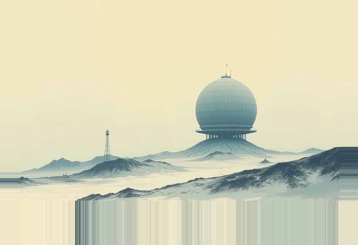 A large spherical radome sits atop a hill beside a lattice tower, overlooking snow-dusted mountains under a pale yellow sky.