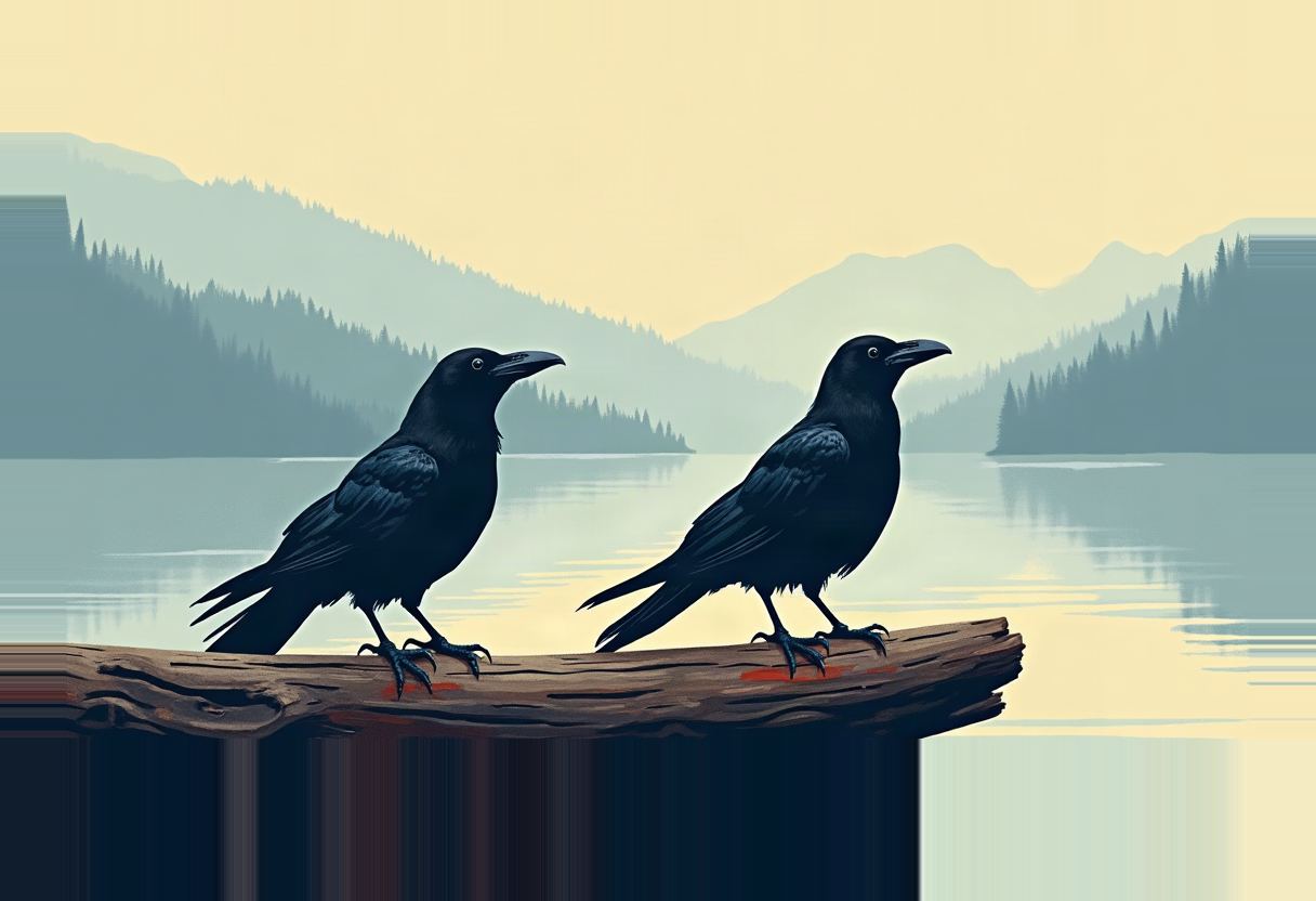 Two black ravens perch on a driftwood log over a still lake, facing each other, with forested mountains silhouetted behind them under a pale yellow sky.