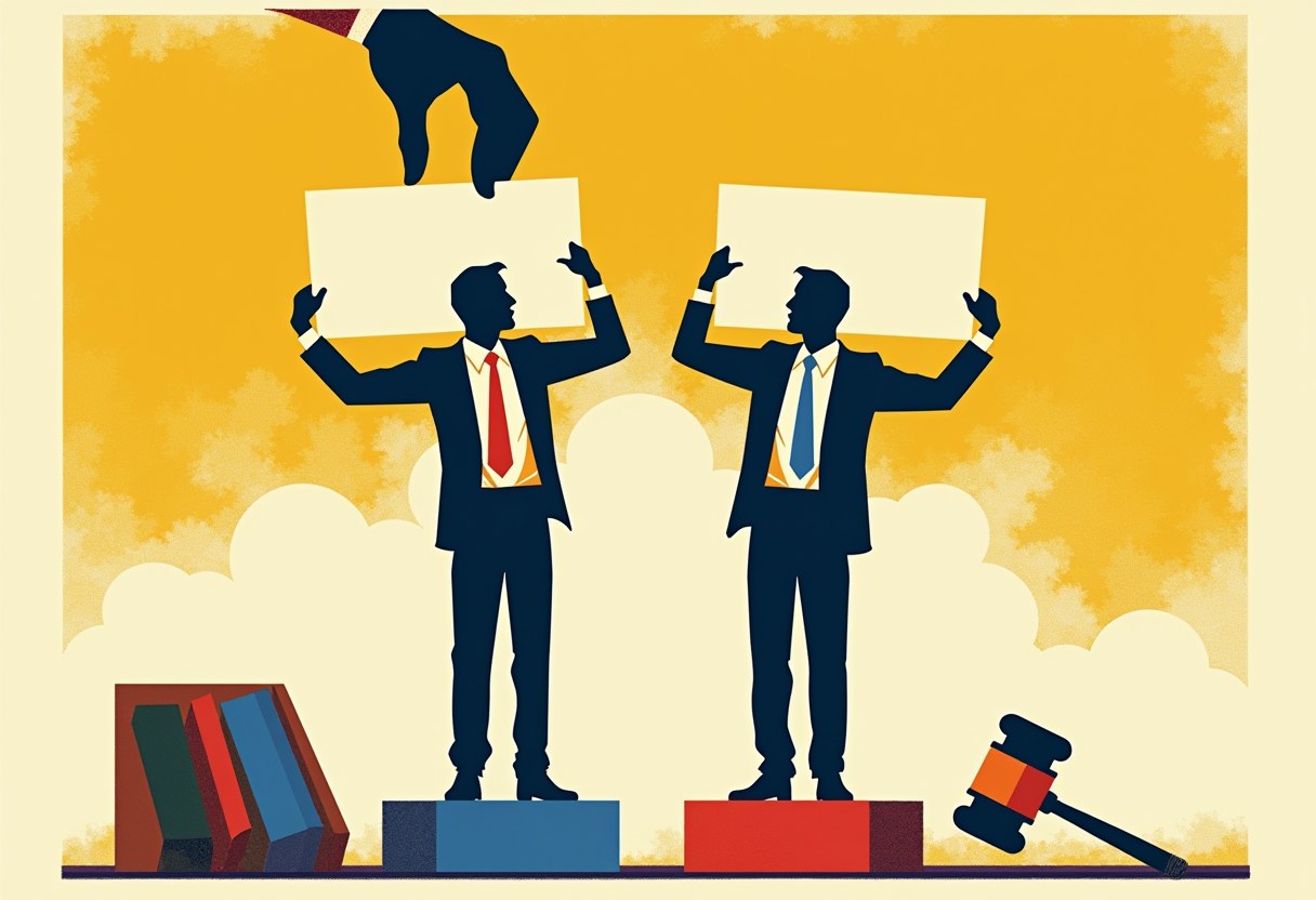 Editorial illustration of two identical candidates tugging one shared blank placard on a ballot pedestal, a hovering voter's hand and a gavel