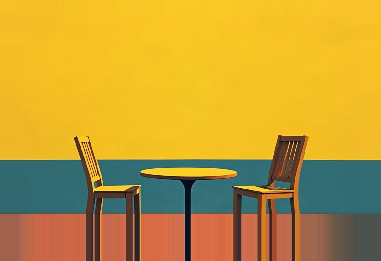 Two empty wooden chairs flank a round table with a black stem, set against flat bands of yellow, teal, and orange background color.