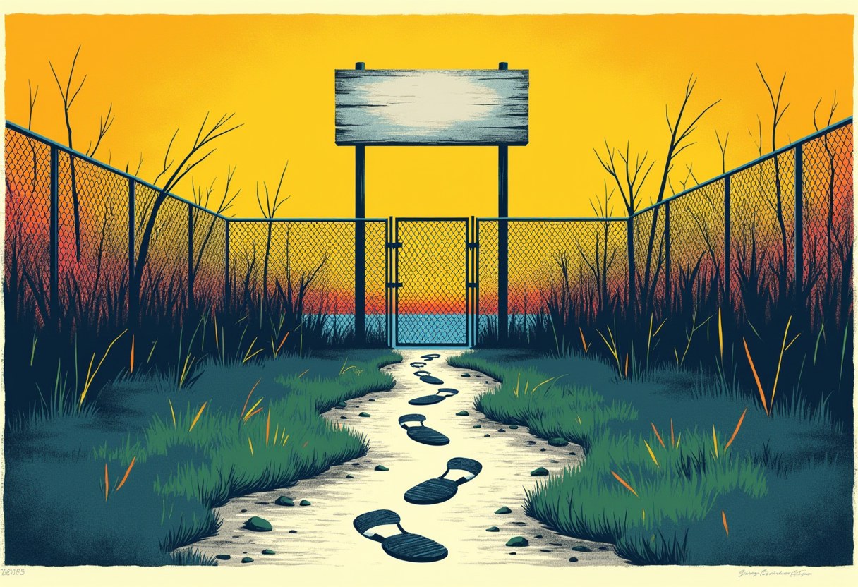 Editorial illustration of an emptied swamp detention enclosure with a blank swinging sign and footprints leading several ways