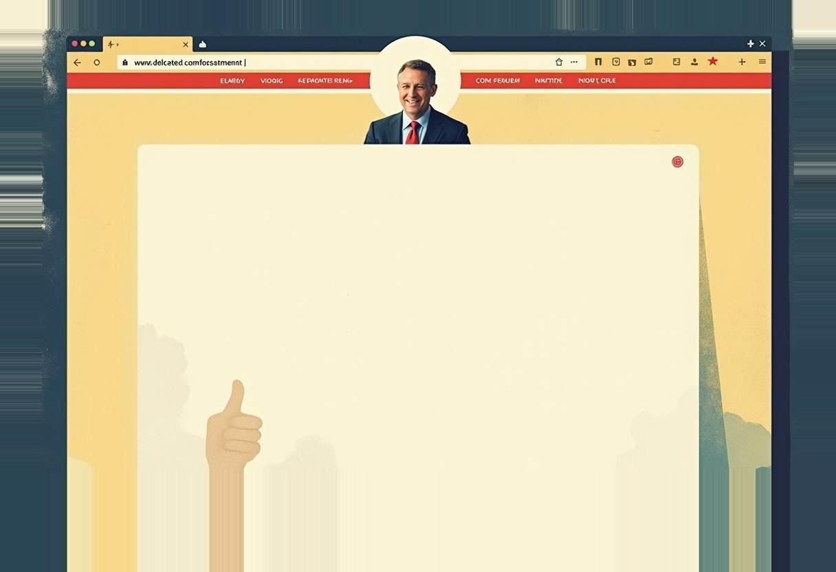 A browser window shows a smiling man in a suit above a blank cream page, with an empty red navigation bar and a thumbs-up hand icon at lower left.