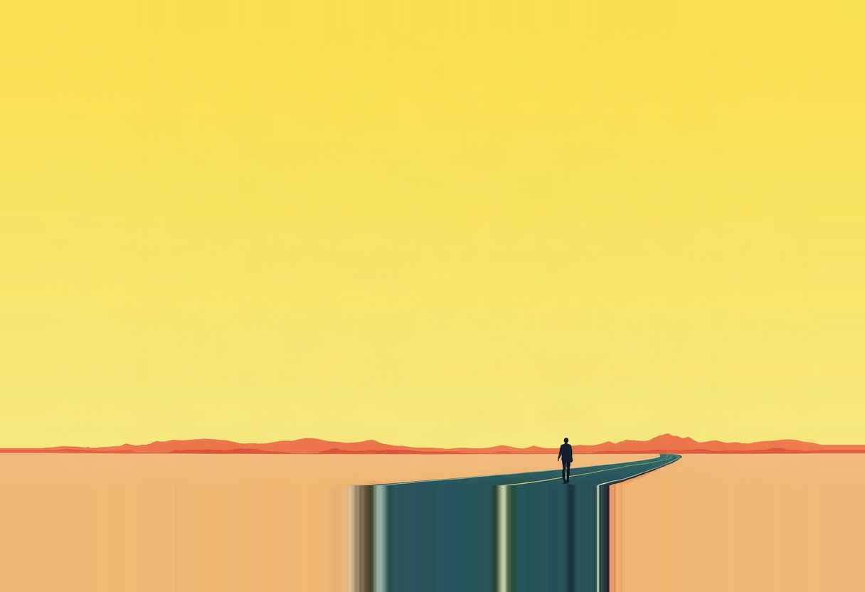 A single dark silhouette walks away down a teal road with yellow center lines, set against a flat yellow sky over a tan desert with a low orange mountain ridge.