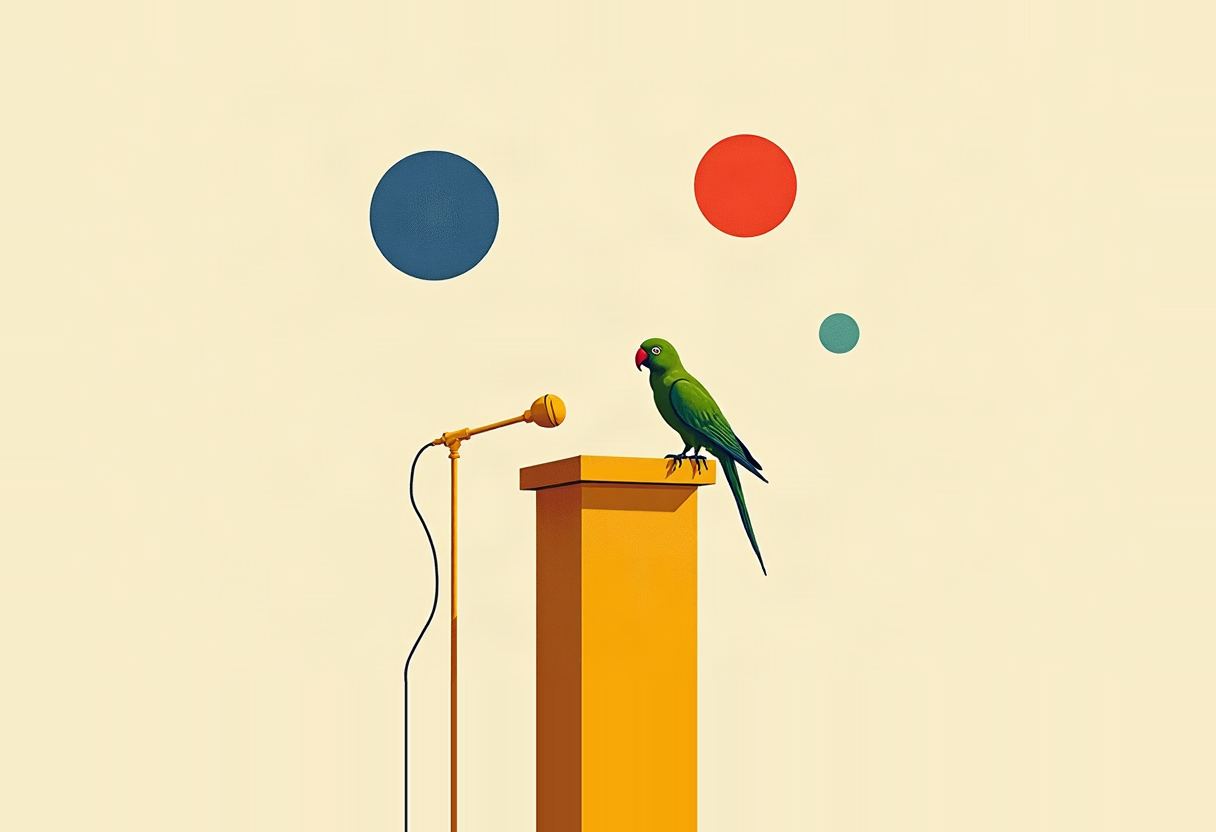 A green parrot with a red beak stands on a yellow podium beside a yellow microphone stand, with a blue, red, and small teal circle floating on a cream background.