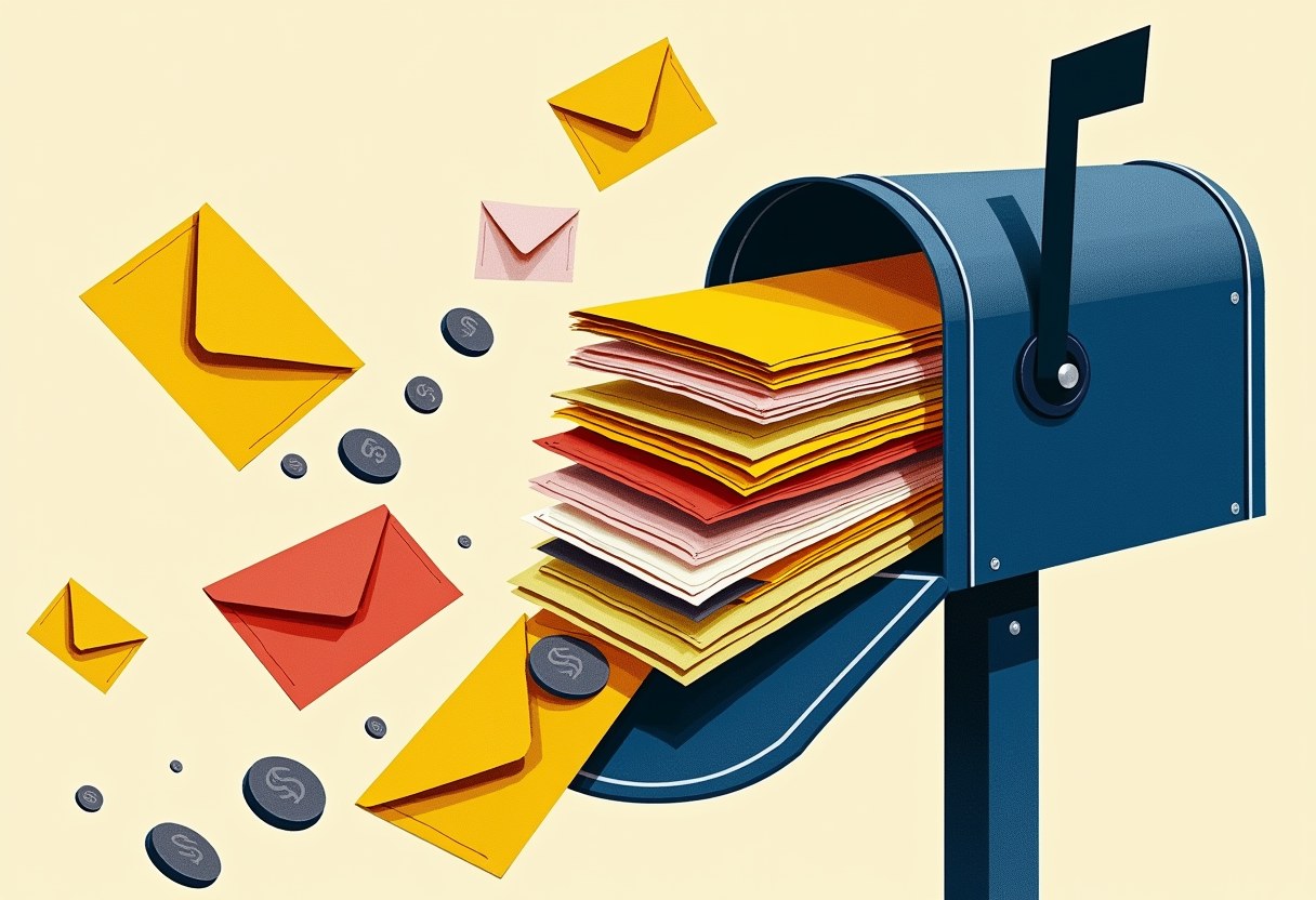 A stack of direct-mail envelopes spilling from a mailbox, flat two-color risograph illustration, abstract, no text