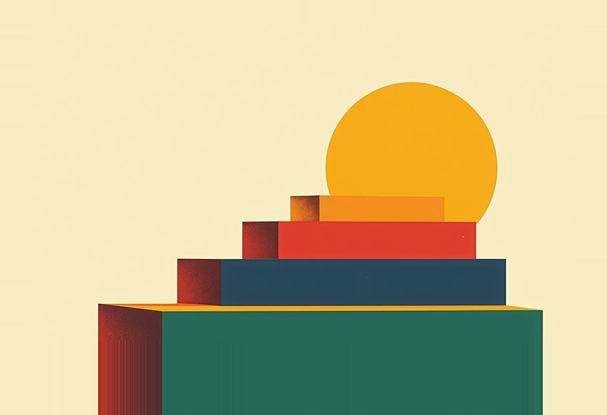 Four stacked rectangular blocks in green, blue, red, and orange shrink like ascending steps in front of a large yellow circle, on a cream background.
