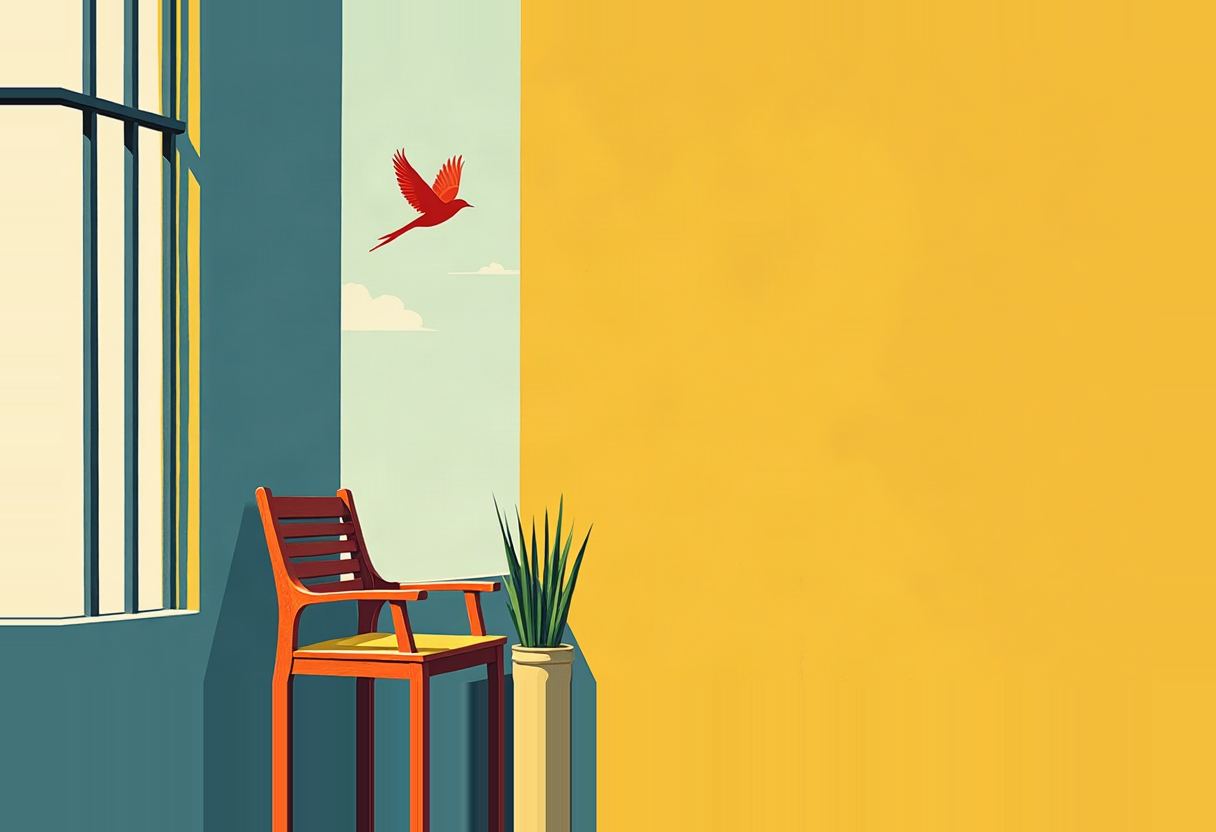 An empty wooden chair and a potted plant sit against a teal wall beside a window, with a red bird flying past a strip of sky, next to a large blank yellow wall.