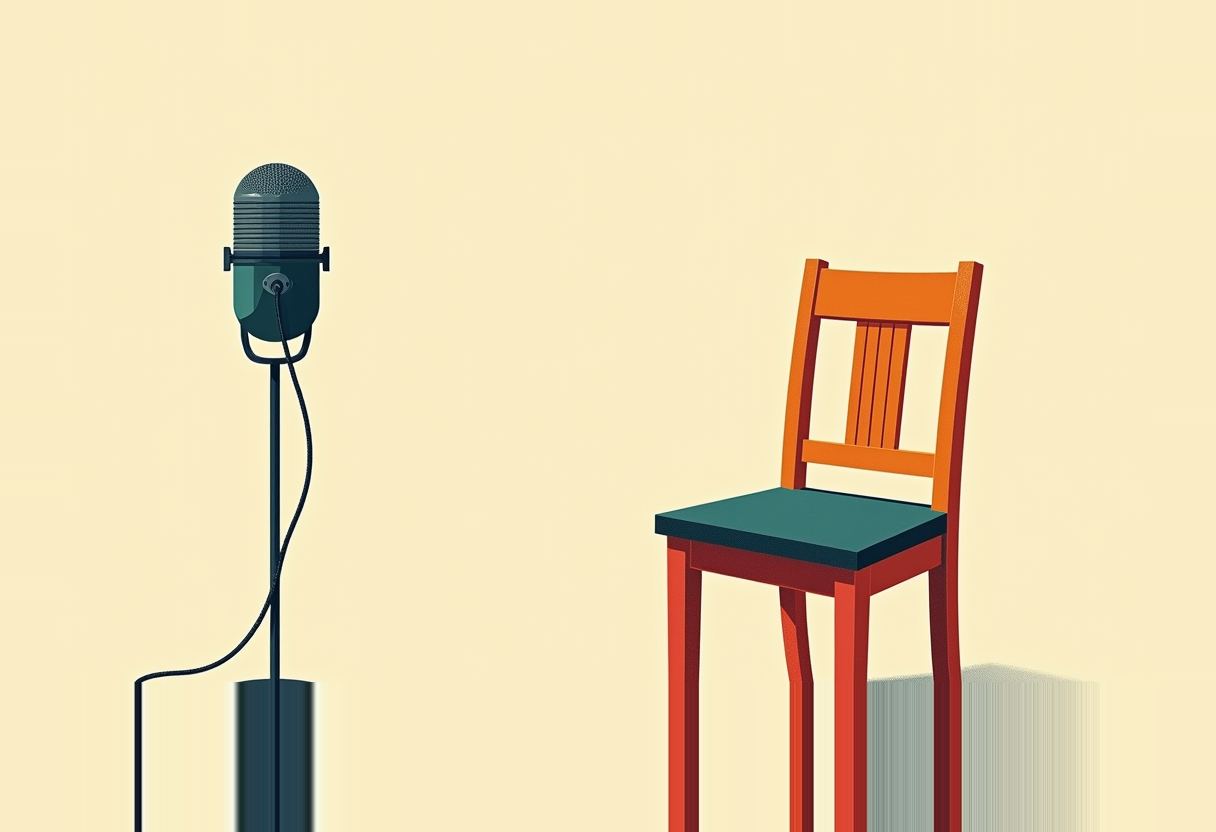 A dark teal microphone on a stand faces an empty orange and red wooden chair with a teal seat, against a pale yellow background.