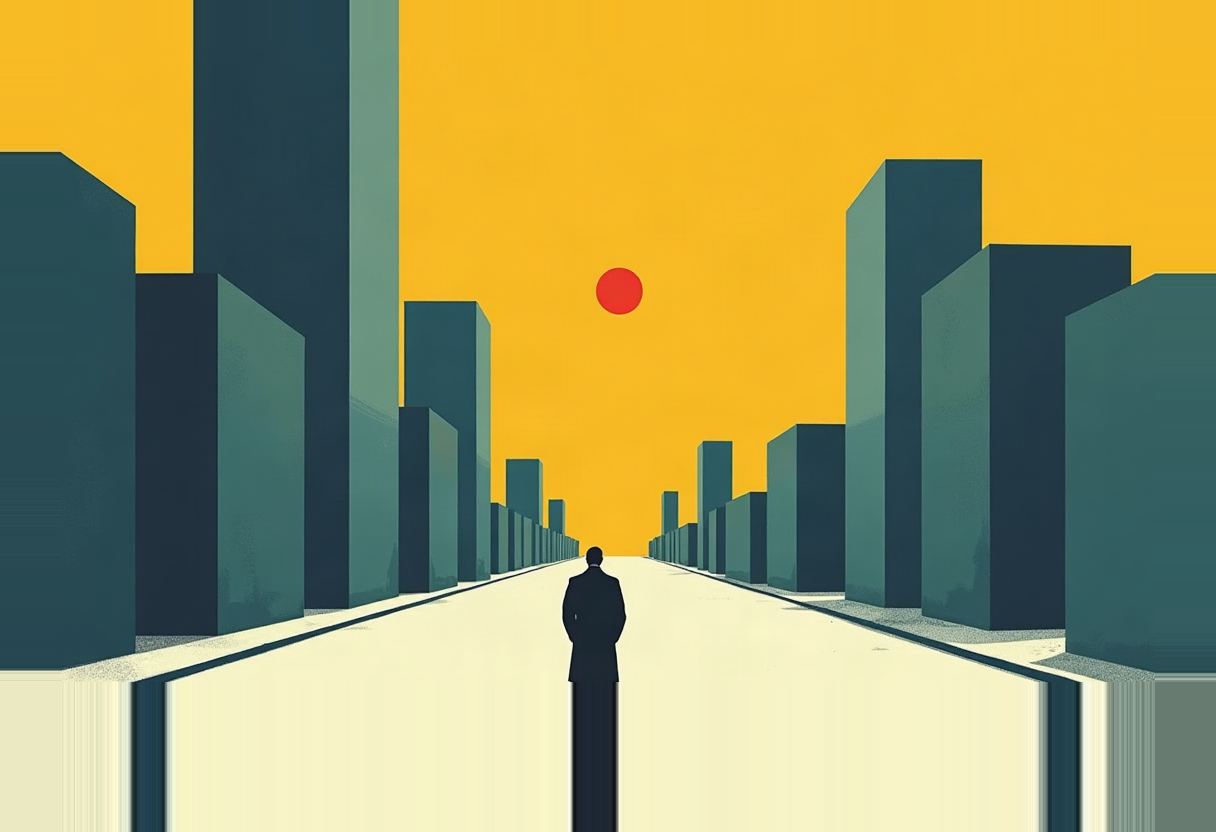 A dark silhouetted figure stands on a pale street receding between rows of flat teal-grey skyscrapers under a solid yellow-orange sky with a small red circle overhead.