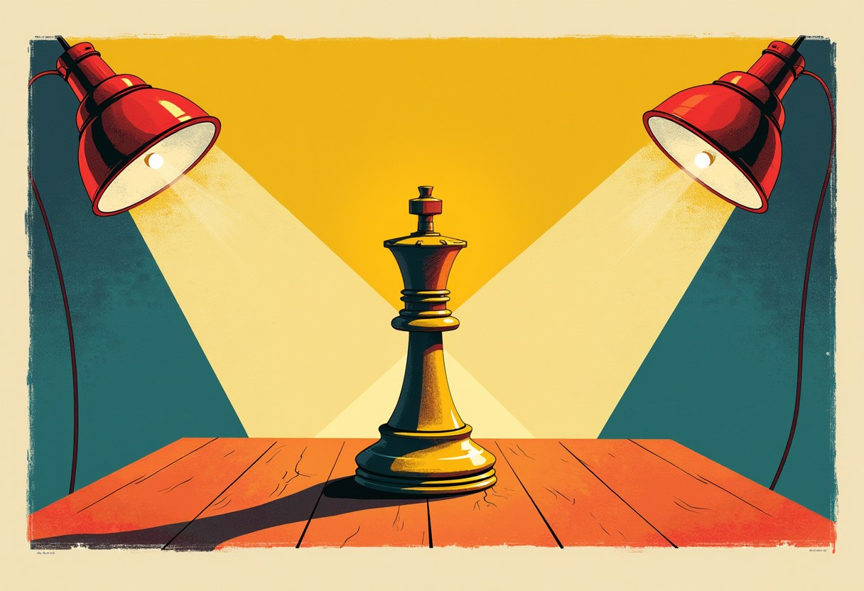 A single wooden chess king on a bare table, lit by two lamps from different angles, casting shadows