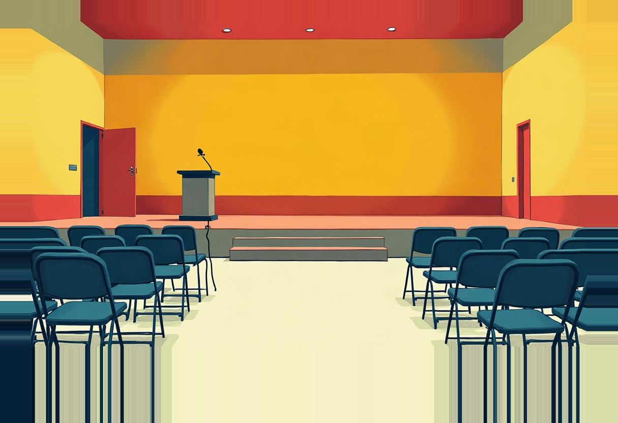 An empty podium with a microphone stands on a low stage facing rows of empty folding chairs in a yellow-and-red room with two open doors.
