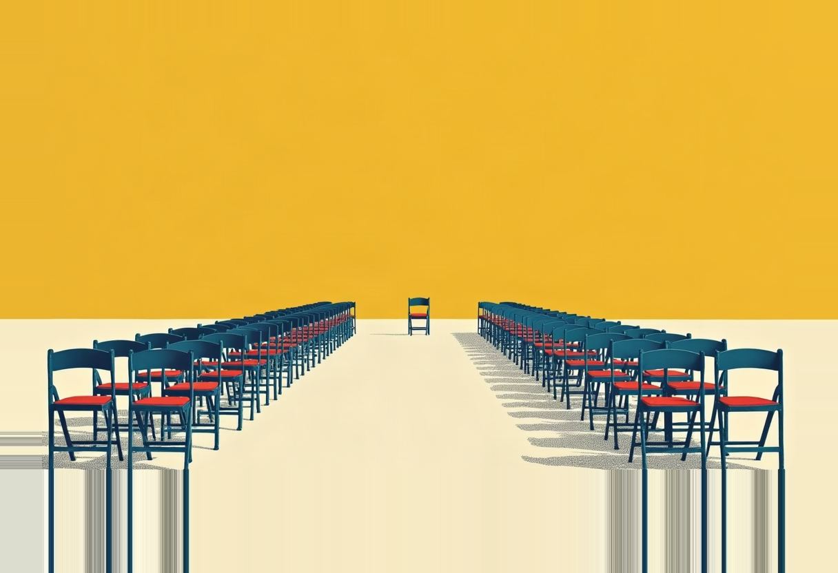 Two long rows of blue folding chairs with red seats form an aisle leading to one isolated chair with a yellow seat, against a yellow background and pale floor.