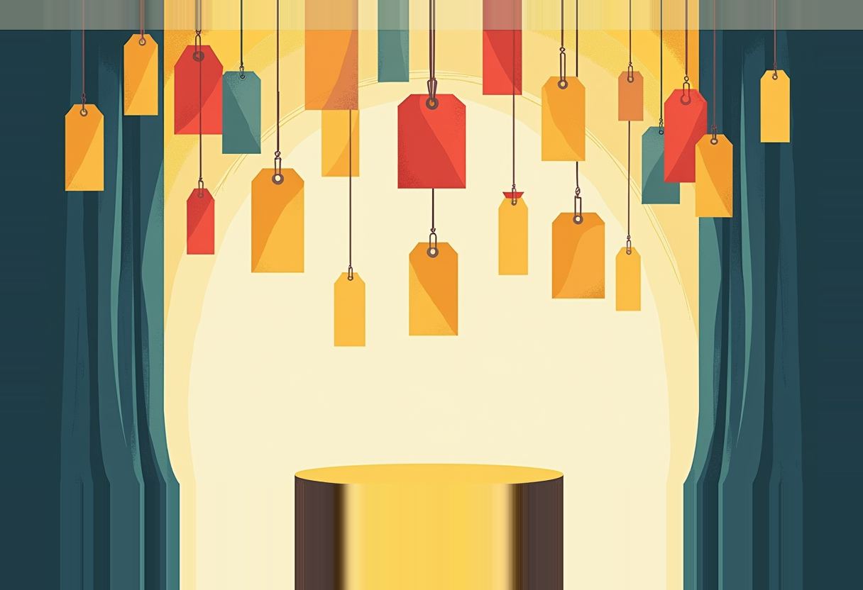 Blank red, orange, and teal price tags dangle on strings above an empty gold podium, framed by dark teal curtains.