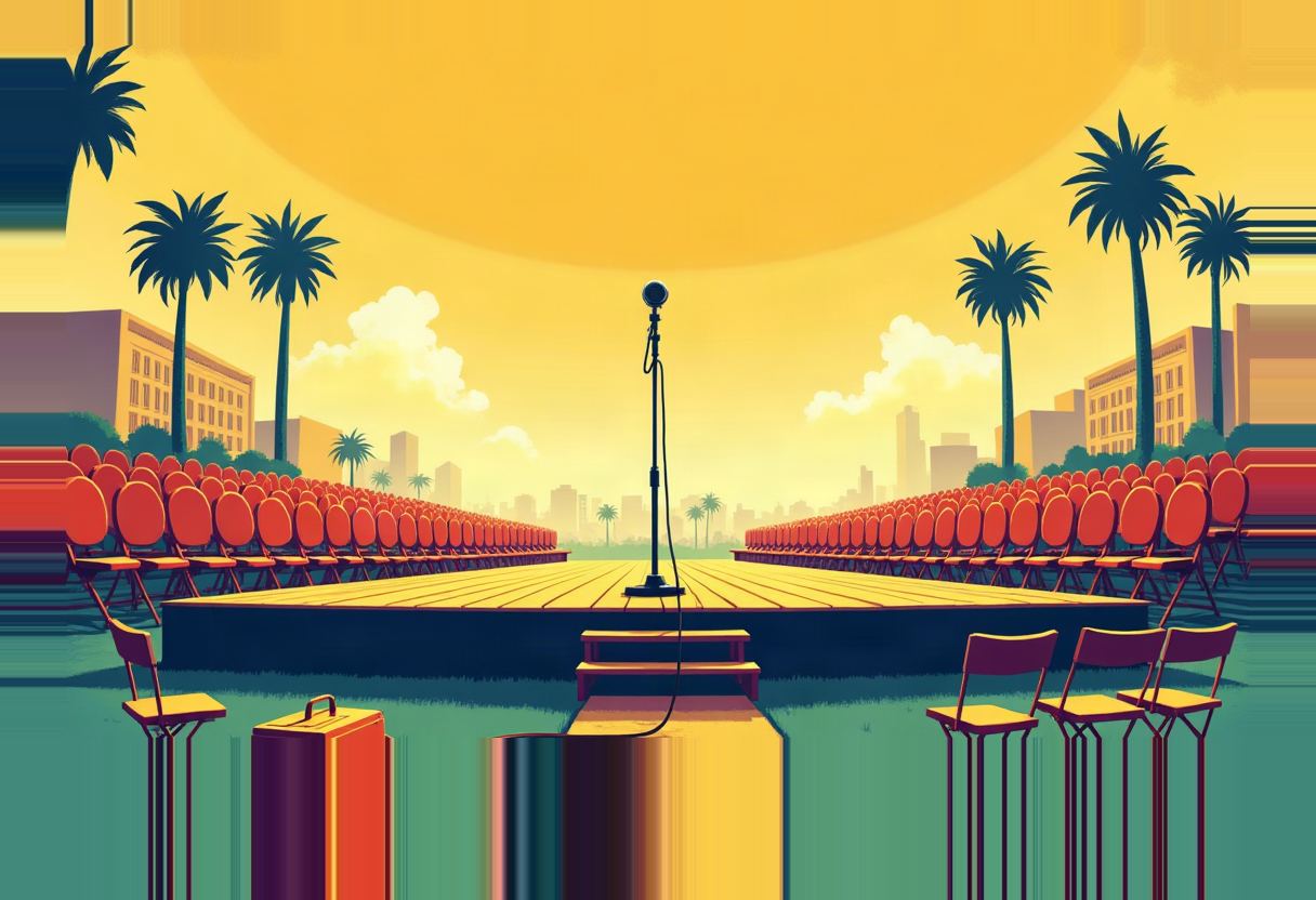 A single microphone stands on an empty wooden stage flanked by rows of empty red folding chairs, palm trees, and a hazy city skyline under a large yellow sun.