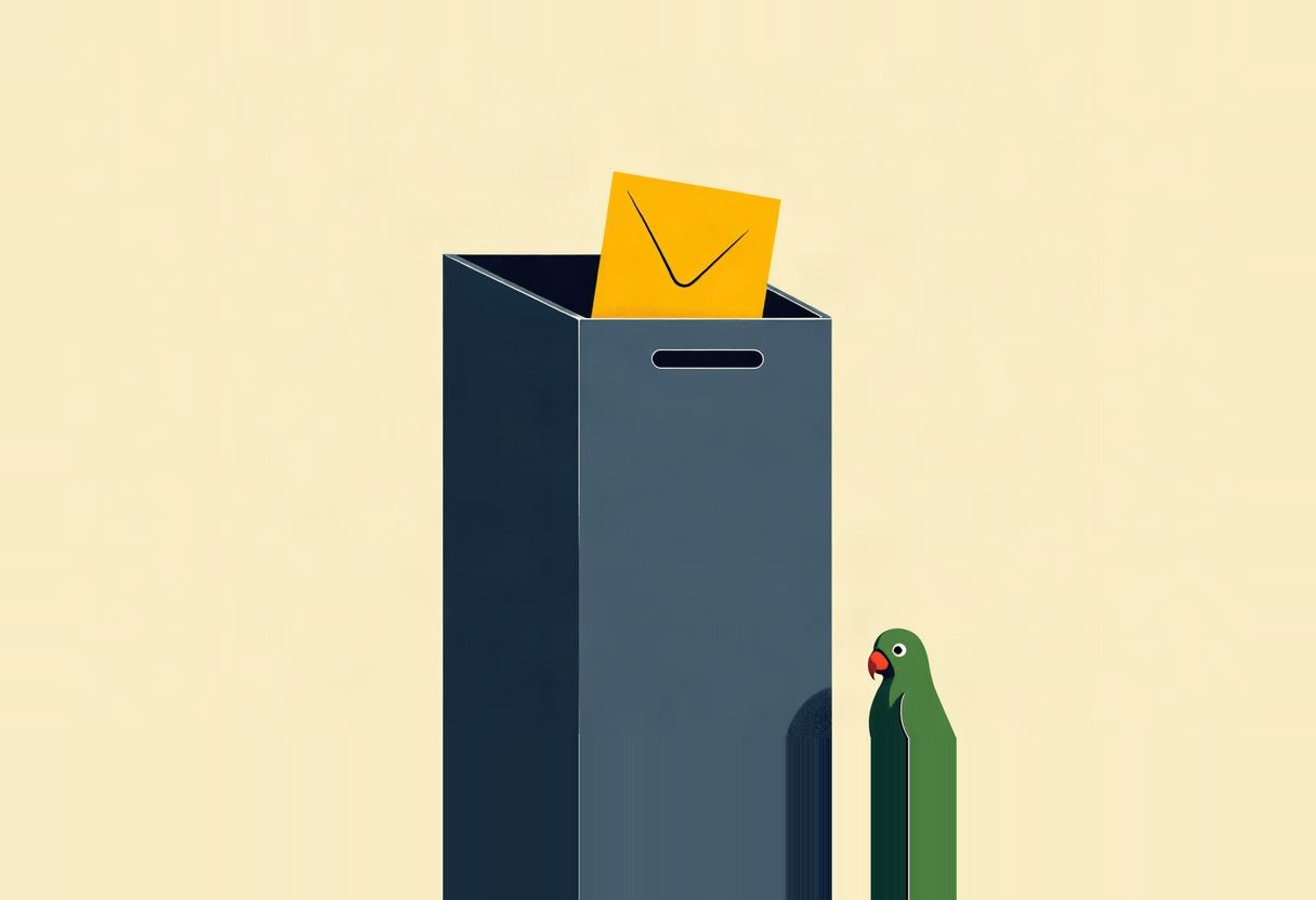 A green parrot with a red beak stands beside a dark gray mailbox with a yellow envelope sticking out of its top slot, on a pale yellow background.