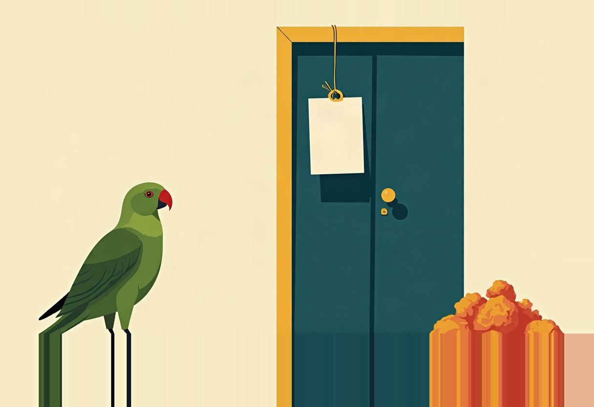 A green parrot with a red beak stands beside a teal door with a blank tag hanging from the knob, an orange cloud-like shape at lower right.