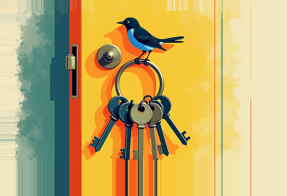 A black-and-blue bird perches on a large key ring holding several keys, hanging next to a doorknob on a yellow door with a teal panel at left.