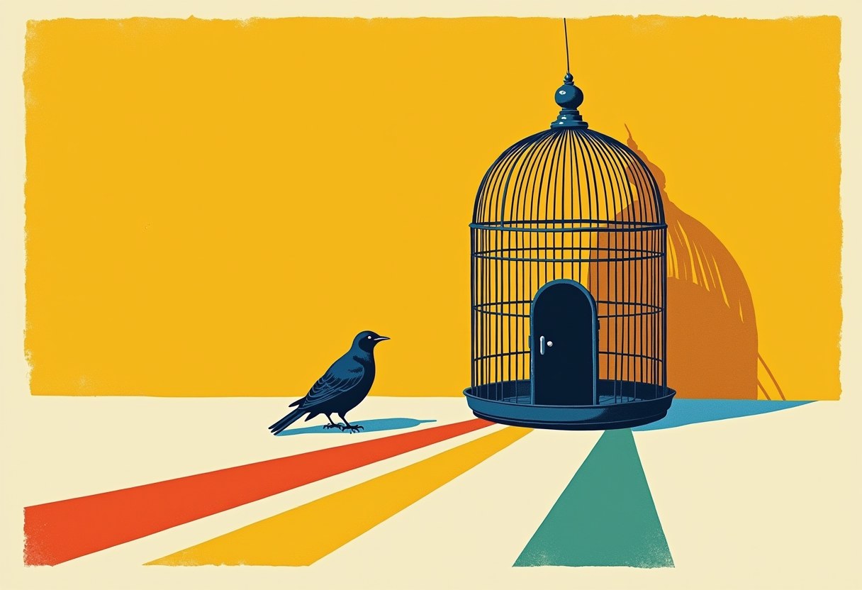 An open birdcage against a plain warm wall, the small door hanging ajar, a single dark bird already standing outside the bars, its shadow cast long across the floor, two divergent paths of light spilling through the open door