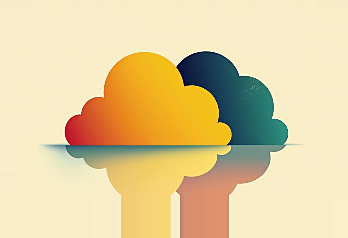 Two overlapping cloud shapes, one red-orange-to-yellow gradient and one dark teal, cast reflections below a horizon line on a cream background.