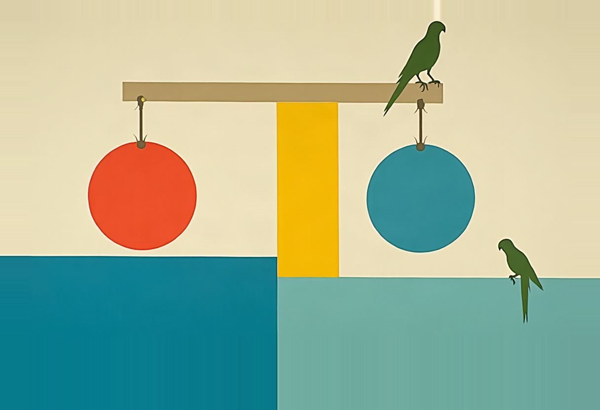 A green parrot perches on a balance-beam scale holding a red circle and a blue circle level, with a second parrot flying below near a yellow pillar.