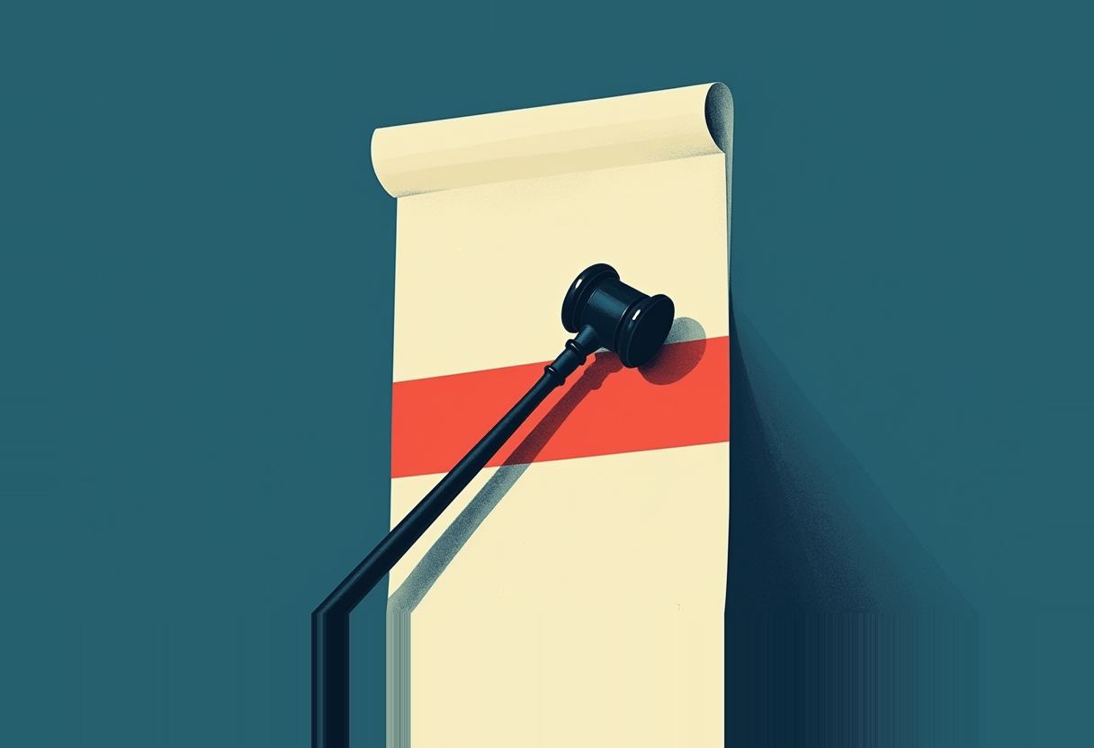 A black gavel rests diagonally across a curling cream scroll with a red horizontal stripe, set against a dark teal background.