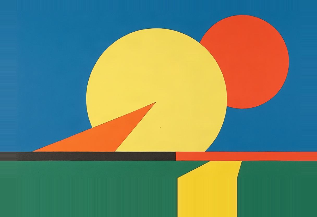 A large pale yellow circle overlaps a smaller orange circle against a blue background, with an orange triangular wedge beneath the yellow circle, sitting above a black bar, a thin red bar, and a green field with a yellow rectangular shape.
